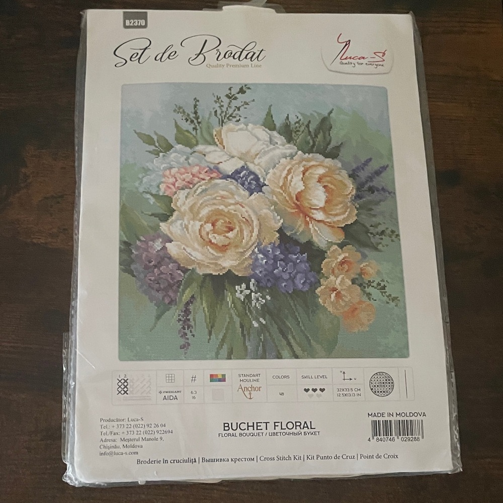 Floral Cross Stitch Kit - Cream, Green, Purple